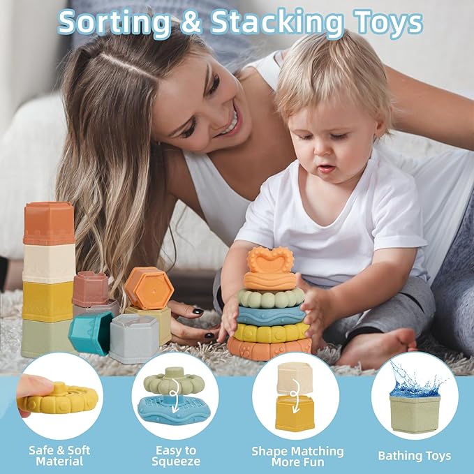Shape Sorters Baby Toys 5 in 1 Montessori Toy for 6-48 Months Stacking Cups,Rings Toy Links,Soft Stacking Rings,Blocks Set,Soft Animals Toys Shape Sorters for Toddlers 1-3