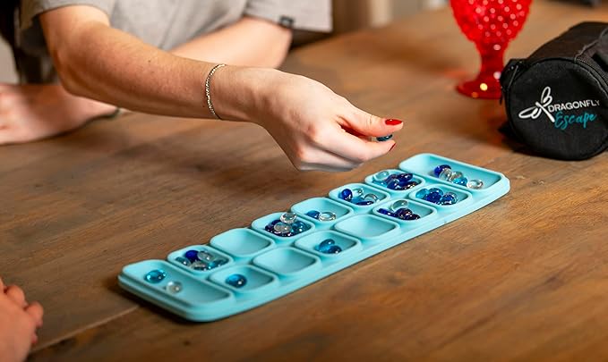 Travel Mancala Board Game Set – Flexible Silicone Roll-Up Board, 50 Stones & Zippered Canvas Bag – Portable Strategy Game for Adults & Teens (Light Teal)