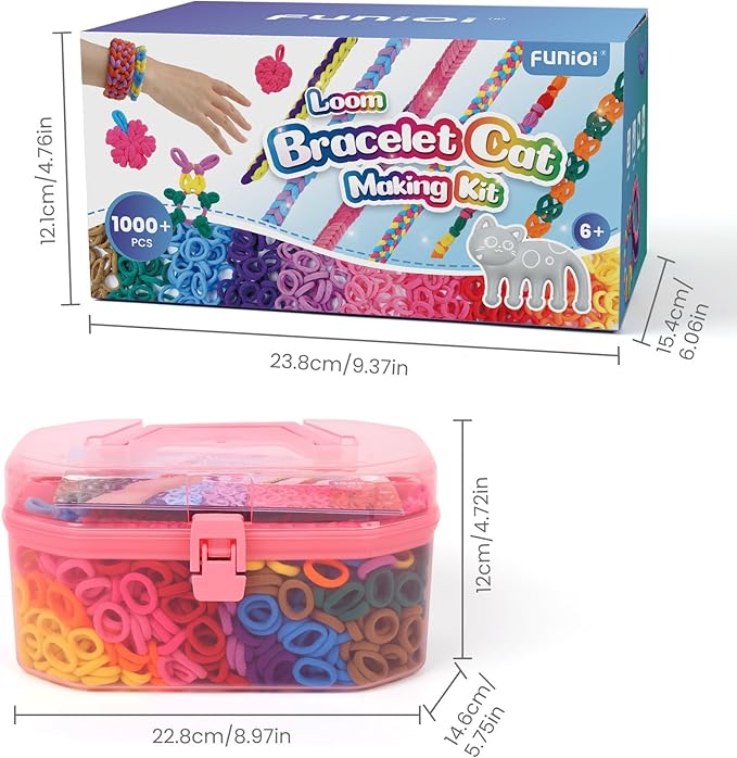 FUNiOi Kids Art and Craft Kit, Rubber Band Bracelet Make Toy, Cat Weaving Comb, 1000+ Colorful Hair Ties, DIY, Organizer Case, Gift for Girls 7-12 Years