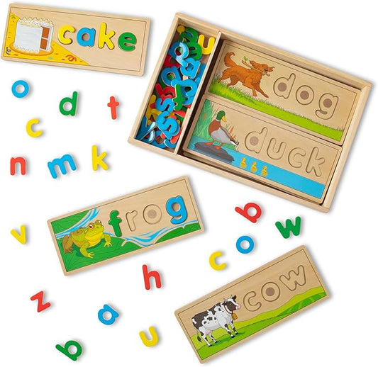 Melissa & Doug See & Spell Wooden Educational Toy with 8 Double-Sided Spelling Boards and 64 Letters Preschool Learning Activities, See & Spell Learning Toys for Kids Ages 4+