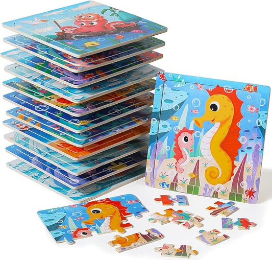 GRINNNIE Wooden Puzzle for Toddlers 3 4 5 Years Old, 12 PCS Jigsaw Ocean Animals Puzzles Preschool Learning Toys for Travel or Car, Birthday for Boys and Girls
