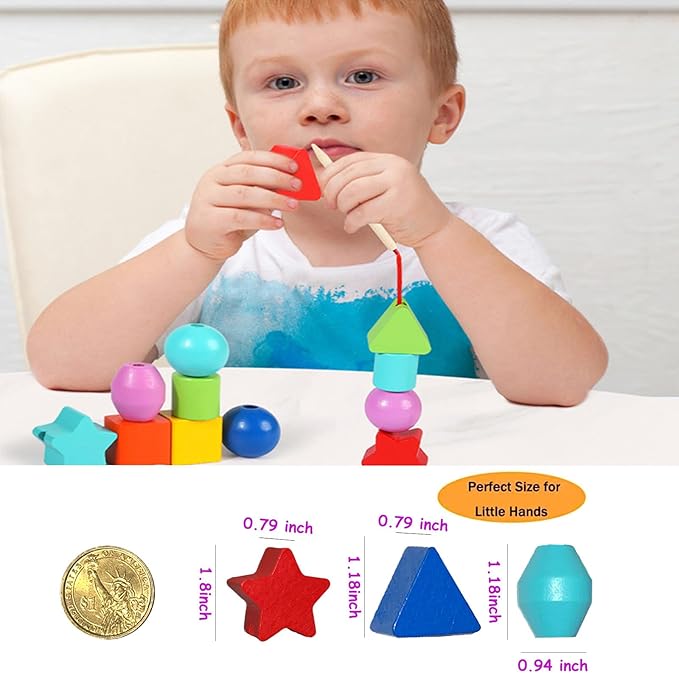 46PCS Montessori Lacing Toddler Beads Threading Toys for Toddlers Wooden Primary String Sewing Preschool Fine Motor Skills Educational Toy for 3 4 5 6Years Old Boys Girls