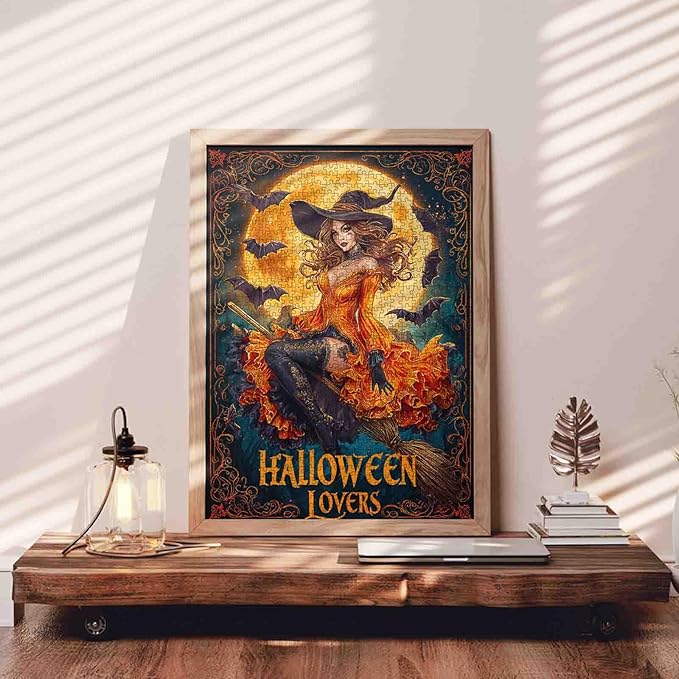 Halloween Witch Puzzle 1000 Pieces for Adults Sexy Witch on Broom Jigsaw Full Moon and Bats Fantasy Halloween Puzzles Fall Decor Fun Challenging Puzzle Gift for Women Men Family Game Nights