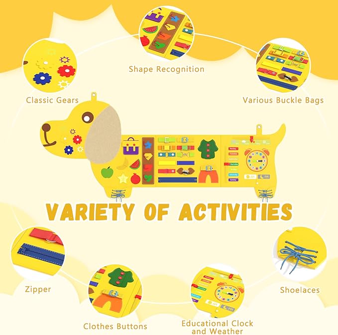 Dog Montessori Busy Board - Sensory Wall Panel for Kids, Felt Activity Cube for Toddlers, Daycare Toys and Playroom Furniture Essentials, Wall Mounted Sensory Board Toy Gift for Boys Girls, 3-6