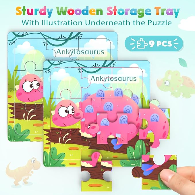 Wooden Puzzles for Toddlers, 8 Pack Dinosaur Jigsaw Puzzles for Kids3-5, 9 Pieces Preschool Learning Activities, Learning & Educational Puzzles, Gift for Boys, Girls