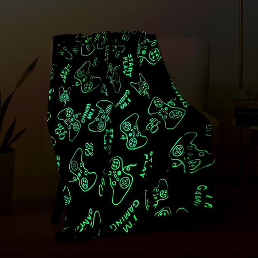 Wesan Gaming Gamer Glow in The Dark Blanket Boys Teens Gifts for Birthday Christmas Easter Video Game Gamepad Presents Fun Fluffy Plush Throw Gray 60"x80"