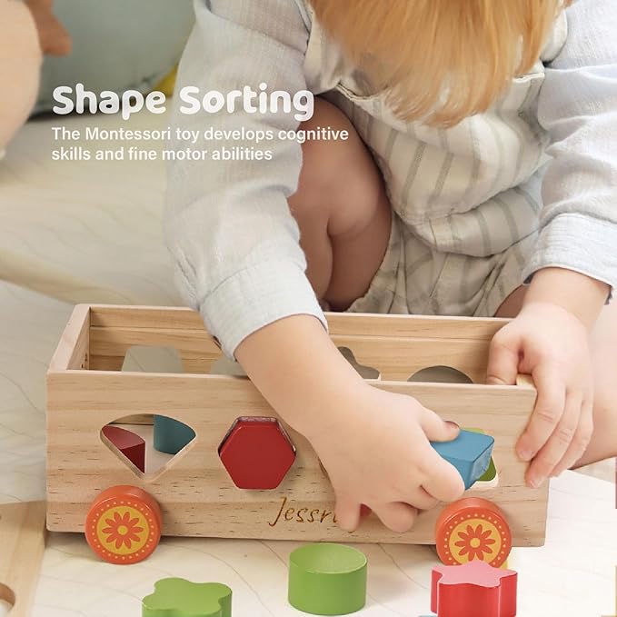 Shape Sorter - Wooden Xylophone and Montessori Number Puzzle Set for Babies - Educational Sorting Game with Storage Car for Toddlers