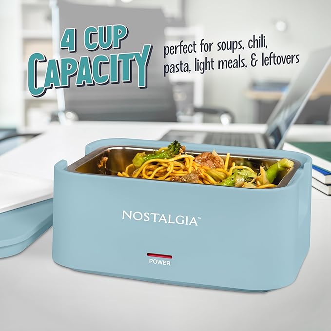 Nostalgia 32-Ounce Heated Electric Lunch Box – Travel Size 4 Cup Capacity for Soup, Pasta, and Leftovers – Leak-Proof Silicone Sealed Lid, Foldable Carry Handle, Detachable Cord – Chambray