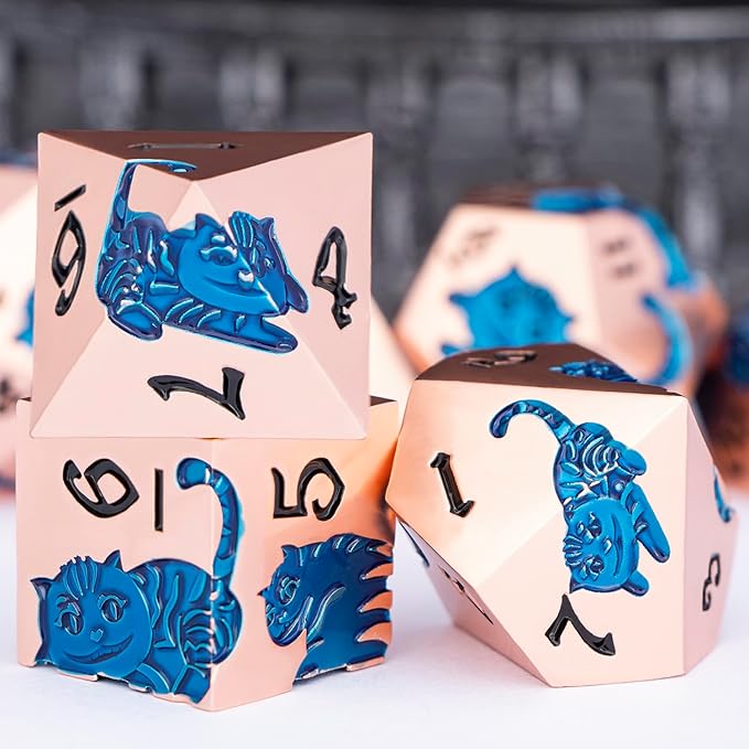 Metal DND Cat Dice 7PCS Polyhedral RPG Dice Set with Gift Case for Dungeons Dragons Role Playing Game, D and D Dice D6 D8 D10 D12 D20 D% (Copper Blue)