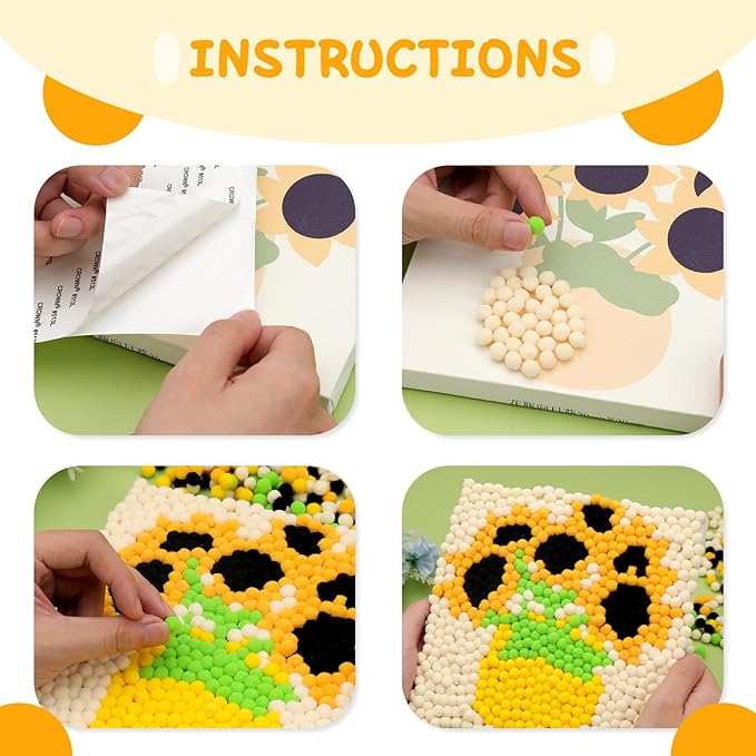 Pom Pom Painting Art Kit for Beginners, Perfect Craft Projects for Adults, Colorful Pom Poms and Supplies Included, DIY Pom Pom Painting on Paint Canvas(Sunflower)