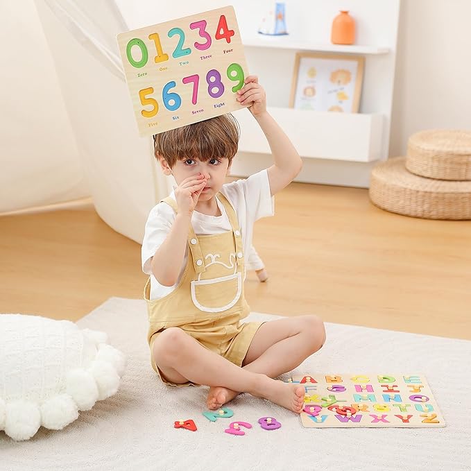 GRINNNIE Toddler Puzzle for 2 3 4 Years Old, Wooden Alphabet Number Peg Puzzles for Preschool Toddlers Age 2-4, Great Learning Puzzle Toy 1st Birthday Gift for Girls Boys