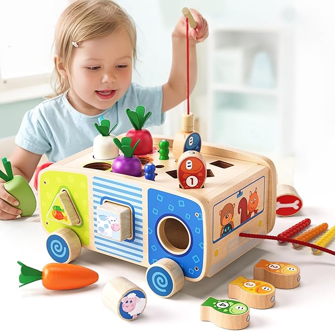 Dailyfunn Montessori Wooden Farm Toys for Babies Toddlers Boys Girls 1-3 Years Old 1st First Birthday Gifts| Fine Motor Skills Developmental Fishing Game Carrots Harvest Game Shape Sorter