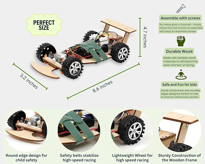 Wooden Wireless Remote Control F1 Racing Car Science Kit to Build (3 Pack of Green)