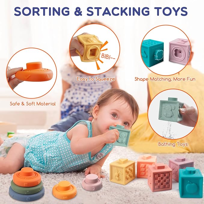 Montessori Baby Toy for 1+ Year Old Sorting Stacking Learning Toys 6 to 12 Months Wooden Building Blocks, Xylophone Musical, Infant Teethers Toys for Baby, 6 in 1 Toy Birthday Gifts for Toddlers 1 2 3