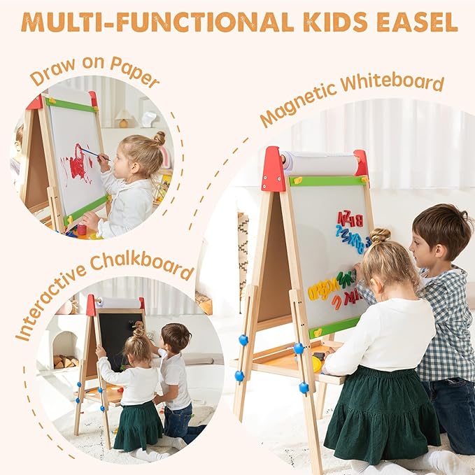Tiny Land Easel for Kids with 2 Drawing Paper Roll, Adjustable Kids Art Easel, Learning-Toy for 3,4,5,6,7,8 Years Old Boy & Girls, Wooden Chalkboard & Magnetic Whiteboard & Painting Paper Stand