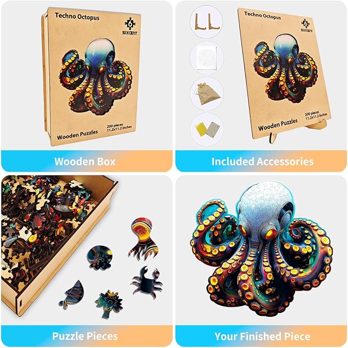 Wooden Jigsaw Puzzle, 200-500 Pieces Unique Shape Animal Puzzle, for Adults & Kids, Birthday Gift Family Game, Decorative Puzzle, Unique Gift (Techno Octopus, 200 PCS)