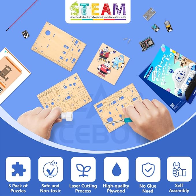 ESP32 STEM Science Kits for Kids Ages 8-10-12, 3 in 1 Smart Home Education Kit, Wooden 3D Puzzles Toys Children's DIY Building Crafts Model Set, Christmas Birthday Gift for Girls Boys