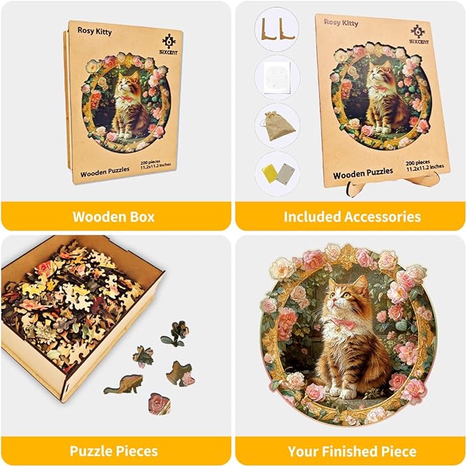 Wooden Jigsaw Puzzle, 200-500 Pieces Unique Shape Animal Puzzle, for Adults & Kids, Birthday Gift Family Game, Decorative Puzzle, Unique Gift (Rosy Kitty, 300 PCS)