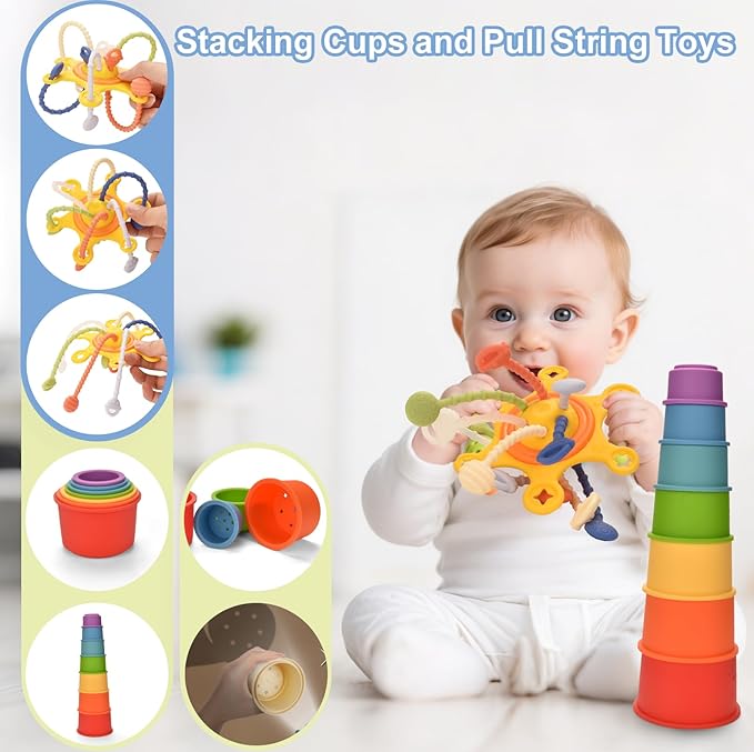 Montessori Toys for 1 Year old,Baby Toys 6-12 Months,6-in-1 Sensory Toy for Babies 6 month old,Stacking Blocks Cups,Pull String,Matching Eggs,Sensory Tissue Box Toy for Toddlers 6-9-12 Months Gifts
