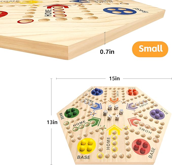 Wooden Board Game, Original Marble Game Double Sided Painted 2 to 6 Player Fast Track Board Game Wooden with 6 Colors 24 Marbles 6 Dice for Adults Kids Family(15 INCH)