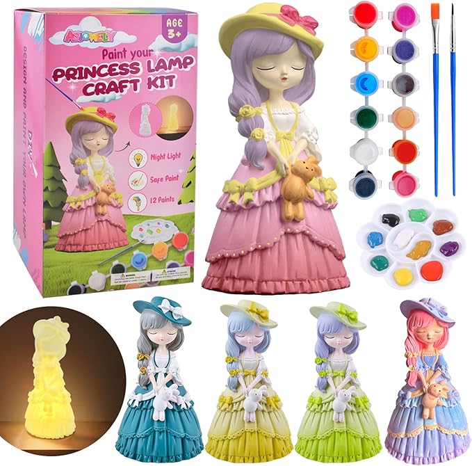 ASIOWELY Paint Your Own Princess Girls Lamp Kits,Arts and Crafts Supplies for Kids Toys Ages 4-6-8,DIY Art Night Light Painting for Girl Ages 5-10,Birthday Gifts for 3-12+ Year Old Toddler Teens Adult