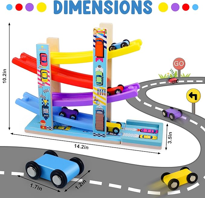 Montessori Toys for Toddlers, Children Race Track Toy with 4 Cars and 1 Wooden Parking Lot, Stable Base, Car Ramp Toy for 1 2 3 Year Old Boy Girl Gifts