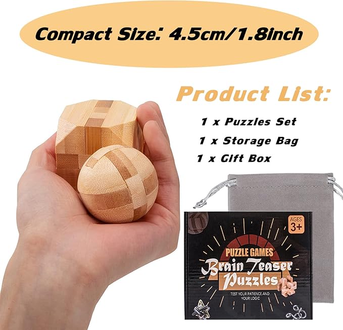 VolksRose 9pcs Wooden Brain Teaser Puzzles, IQ Challenge Puzzle Games, Logic Smart Mind Puzzle Box Lock Toy Removing Assembling 3D Small Puzzle Gift Set for Adults Teenagers Kids, 1.8inch 4.5cm