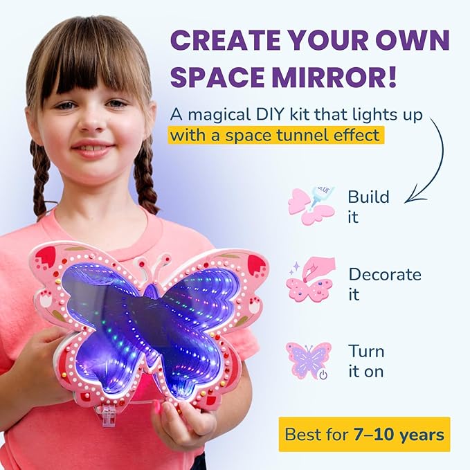 DIY Butterfly Space Mirror Light - 2 in 1 Mirror & Space Tunnel Effect with LED Lamps - Perfect Science Kids Arts and Craft Activity Kit for Girls 7-12 Years Old - Foam Craft with Gem Art Decorations