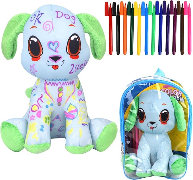 Coloring Plush Toy with 12 Washable Markers for Little Girls Doodle Dolls Arts and Crafts Soft DIY Washable Doodle Stuffed Animal Toy for Kids Ages 4-6 Birthday (Green Puppy)