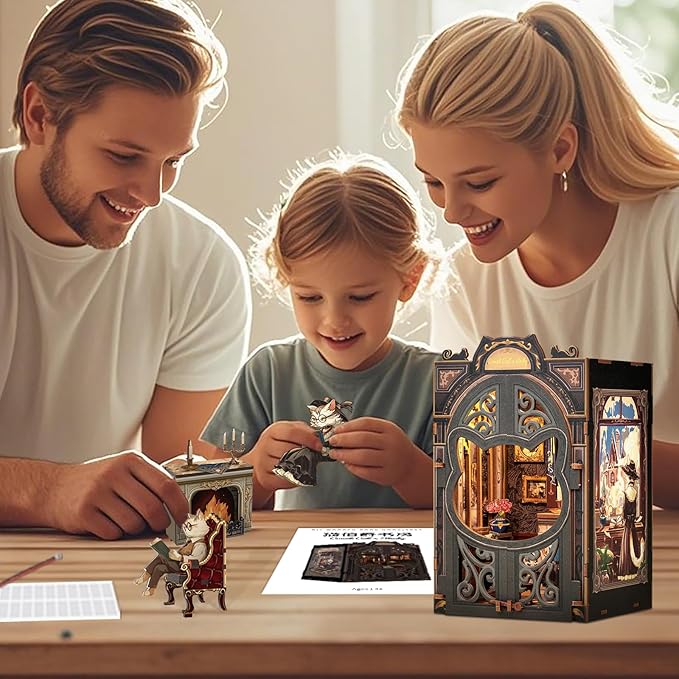 CUTEBEE DIY Book Nook Kit, Miniature House Kits for Adult and Teens, DIY Miniature Book Nook kit with Sensor Led Light, Gifts for Lovers and Family (Count Cat's Study)