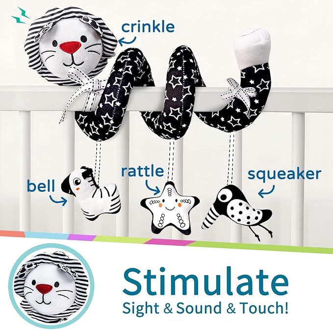 LiKee Spiral Car Seat Toys for Babies 0-6 Months, Black High Contrast Plush Hanging Baby Stroller Toys, Crib & Carseat Sensory Activity for Newborn, Ages 0+ Years 6-12 Month Infants Boy Girl Gifts
