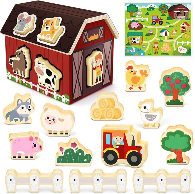 Toy for 1 2 3 Year Old Boys Toddlers, Wooden Montessori Toy for Boy Girls 2 3 4 Birthday Gift for Baby 12+Months | Educational Learning Present for Girl Boys Age 2 3 4 | Farm Animals Toys for Toddler