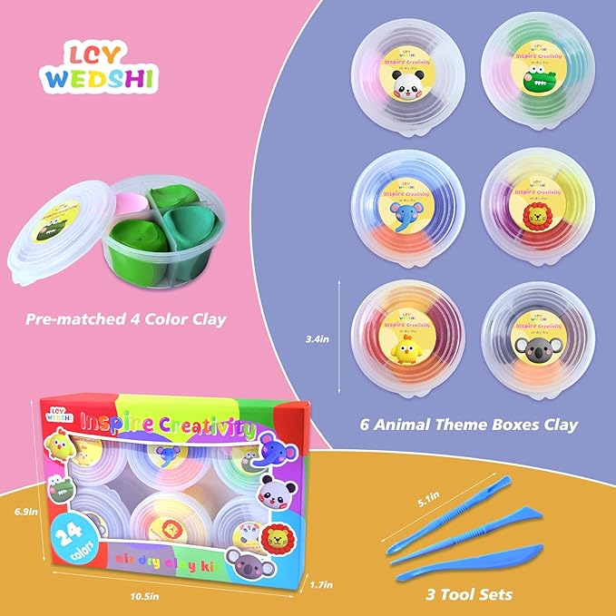 Air Dry Clay Kit for Kids, DIY Model Magic Clay, 24 Colors Animal Modeling Clay with Sculpting Tools, Ultra Light & Soft Creative Arts and Crafts Toys Gifts for Boys Girls