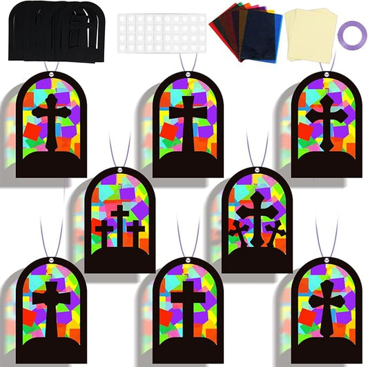QOUBAI 32 Sets Cross Suncatchers Crafts DIY Window Stained Glass Effect Christian Religious VBS Paper Craft Home Sunday School Classroom Decoration Kid Birthday Gift Creative Art Project Activity Game