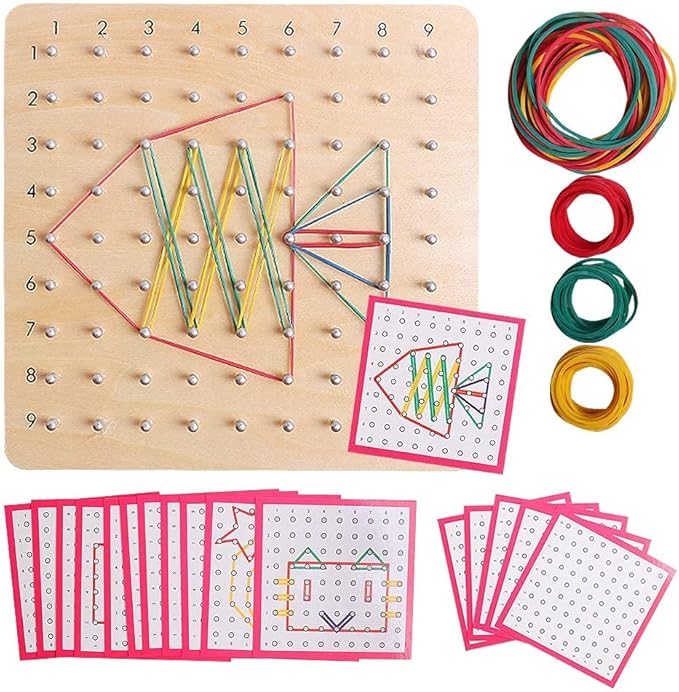 Skrtuan Wooden Geoboard with Pattern Cards & Rubber Bands, Montessori STEM Educational Toy for Kids 5-8 Years Old, Brain Teaser Puzzle Game for Geometry Learning and Creative Shapes