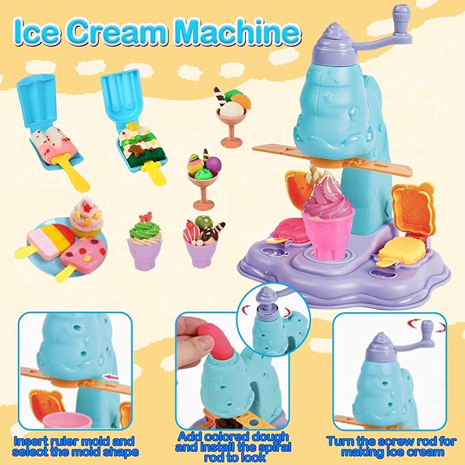 4 in 1 Play Color Dough with 36pcs Modeling Dough Art Crafts Tools Kit Kitchen Creations Cake Noodle Ice Cream Hamburger Maker Machine Food Play Toys for Kids, Pack of 104pcs