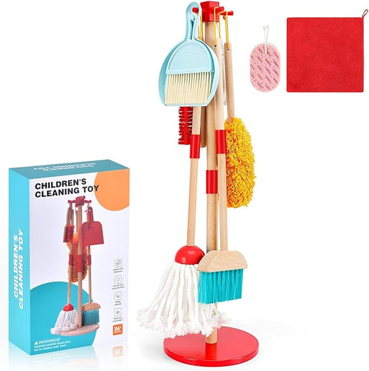 WHOHOLL Wooden Kids Cleaning Toy Set Toddler Broom and Dustpan Set for Housekeeping 9 Pcs Broom and Mop Set for Toddlers 3-5, Baby Cleaning Toys with Sponge, Birthday Gifts for Boys and Girls