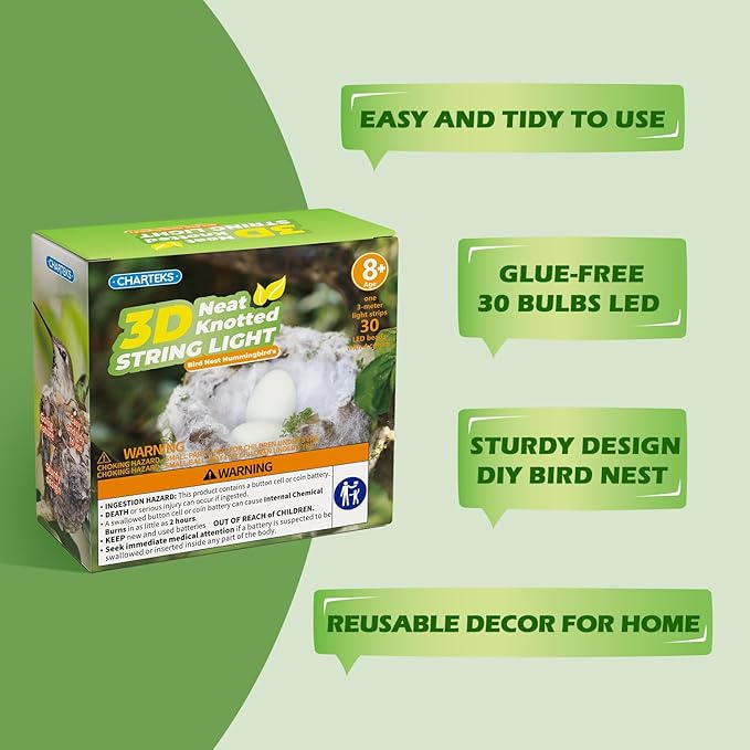 CHARTEKS DIY Bird Nest Craft Kit with 30 Twinkle LEDs and Simulated Eggs – Natural String Art Set for Home Décor, Kids STEM Toy, Creative Birthday Gift for Boys Girls Age 8+