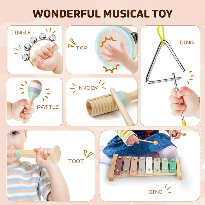 LeeQee Montessori Toys for 1 2 3 Year Old - Wooden Toys Baby Musical Instruments, Neutral Colors Percussion Instruments Set with Modern Boho Xylophone for Toddlers 3+ Music Education