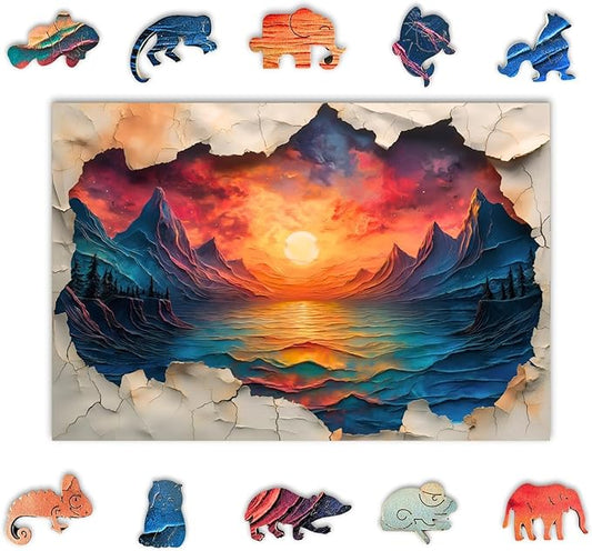 Wooden Puzzle for Adults, Jigsaw, Fantastic Sunset, Rainbow Lines, Thickness 5mm, Gift, Unique Shape Best Gift for Adults Kids, Family Game (200 Pieces)