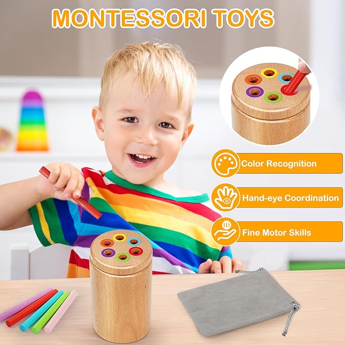 Montessori Toys for 1-3 Year Old, Travel Toys for Toddlers Wooden Color Sorting Stacking Toy for 18+ Month Old Boys Girls Learning Gift for 2-4 Year Old Kids Christmas Birthday Stocking Stuffers