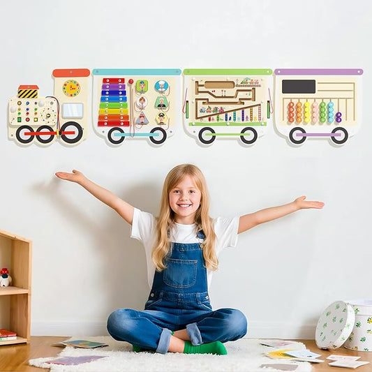 Montessori Sensory Board - Electric Train Wooden Wall Busy Board, Toddler Learning Panel Wall-Mounted, Educational Toys for 3-6 Years, Interactive Playroom/Daycare Activity Gifts for Boys Girls