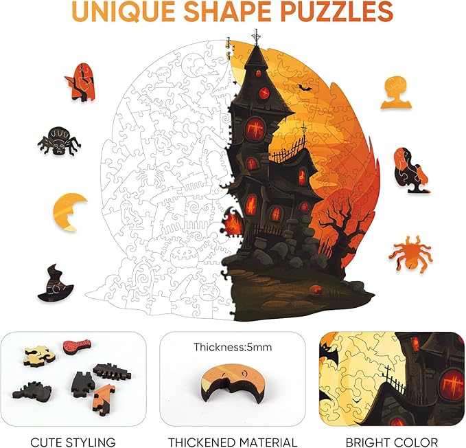 Ruikiyart Wooden Puzzles for Adults, 5MM 200 Pieces Halloween Castle Wooden Jigsaw Puzzles, Unique Shape Pieces Gift for Kids and Adults on Halloween (11.3"x11.2")