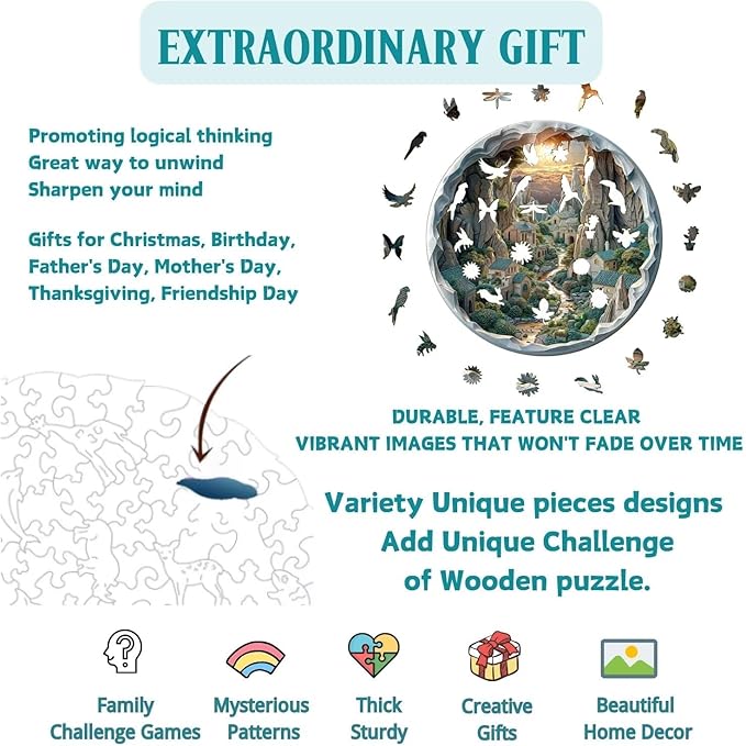 Wooden Puzzles Adults, 3D Cave Forest Puzzle 300 Pieces, Unique Animal Shaped Wood Challenging Jigsaw Puzzles Gifts for Adults, 13.4x13.3in