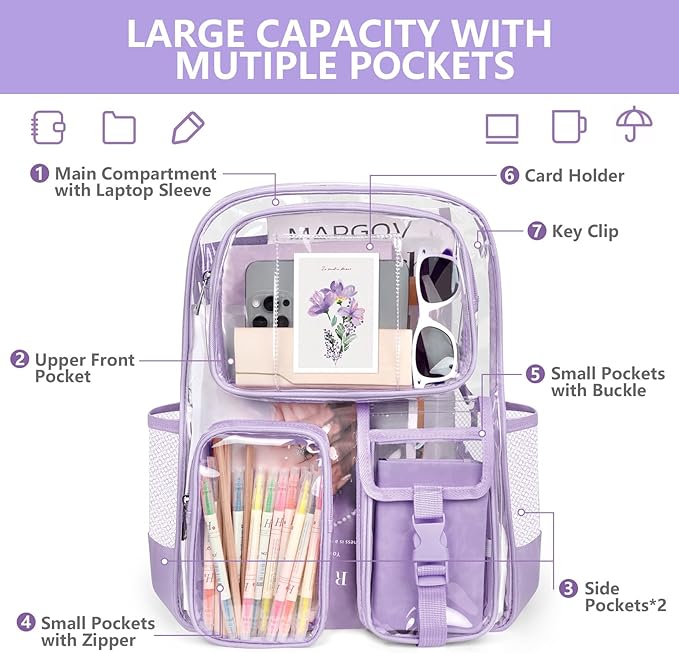 Purple Clear Backpack, Heavy Duty PVC Clear Bag for Stadium Events, Transparent Backpack with Reinforced Straps & Stitches for Girls Boys, Large Capacity Bookbag for School, Travel, College, Work