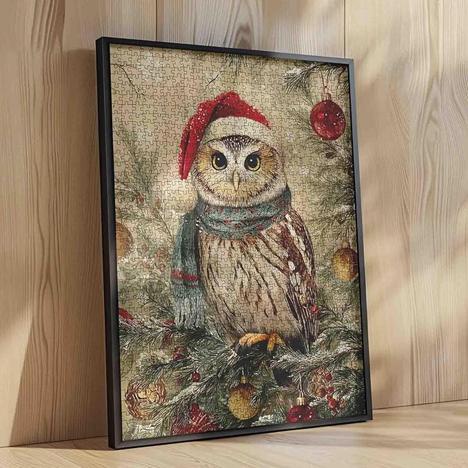 Christmas Animal 1000 Piece Jigsaw Puzzles for Adults Owl Wearring Christmas Hat Painting Jigsaw Puzzle 1000 Winter Wonderland Puzzles 20''x27”inch DIY Craft Puzzle Art Wall Decor Family Challenging