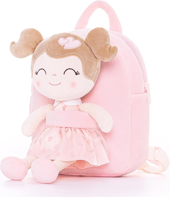 Gloveleya Toddler Backpack Baby Girl Gift Plush Bag Diaper Bag with Pink Flocking Heart Girl Backpack 9 Inches