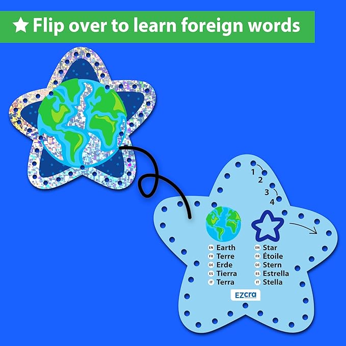 EZCRA Lacing Cards for Kids Ages 3-5 - 5 Pcs Space Theme with Colorful Laces - Craft Kit for Kids DIY Activity Set - Fine Motor Skills Toys and Preschool Learning Activities