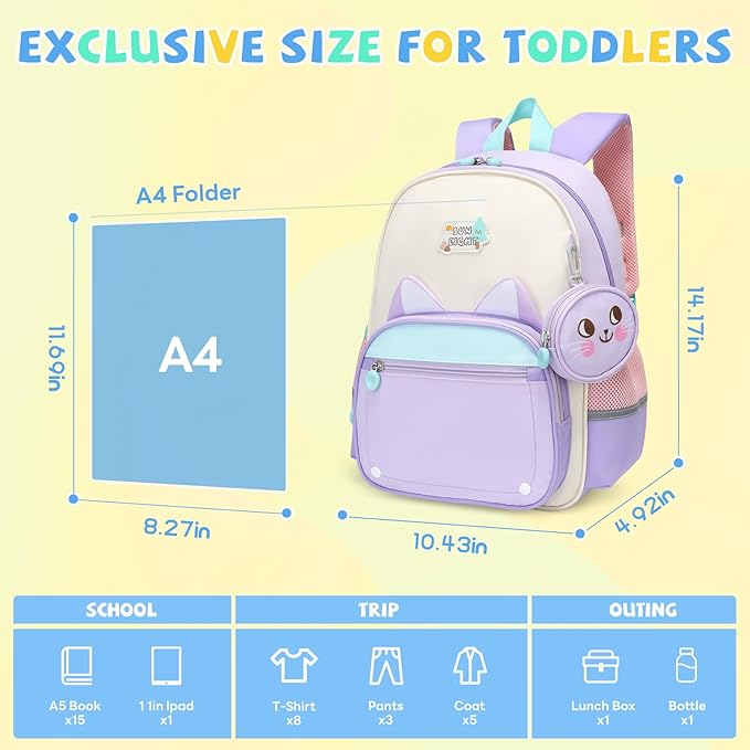SUN EIGHT Toddler Backpack for Girls Kids Backpack Cute 3D Cartoon School Bag for Baby Girl Boy 2-5 Years (22140-Cat)