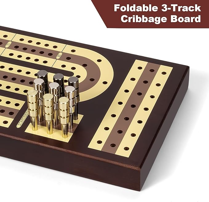 Foldable Wooden Cribbage Board Set - Elegant 3-Track Design with Magnetic Closure, 9 Metal Pegs, Full Deck of Cards, Perfect for Family Game Nights and Travel
